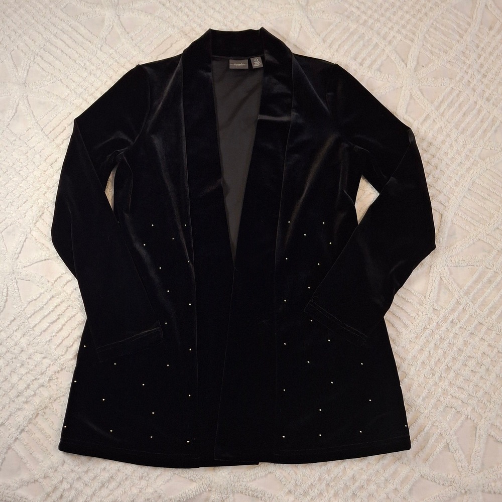 Chicos 0 Womens Small Travelers Cardigan Black Velvet Gold Stud Open Front